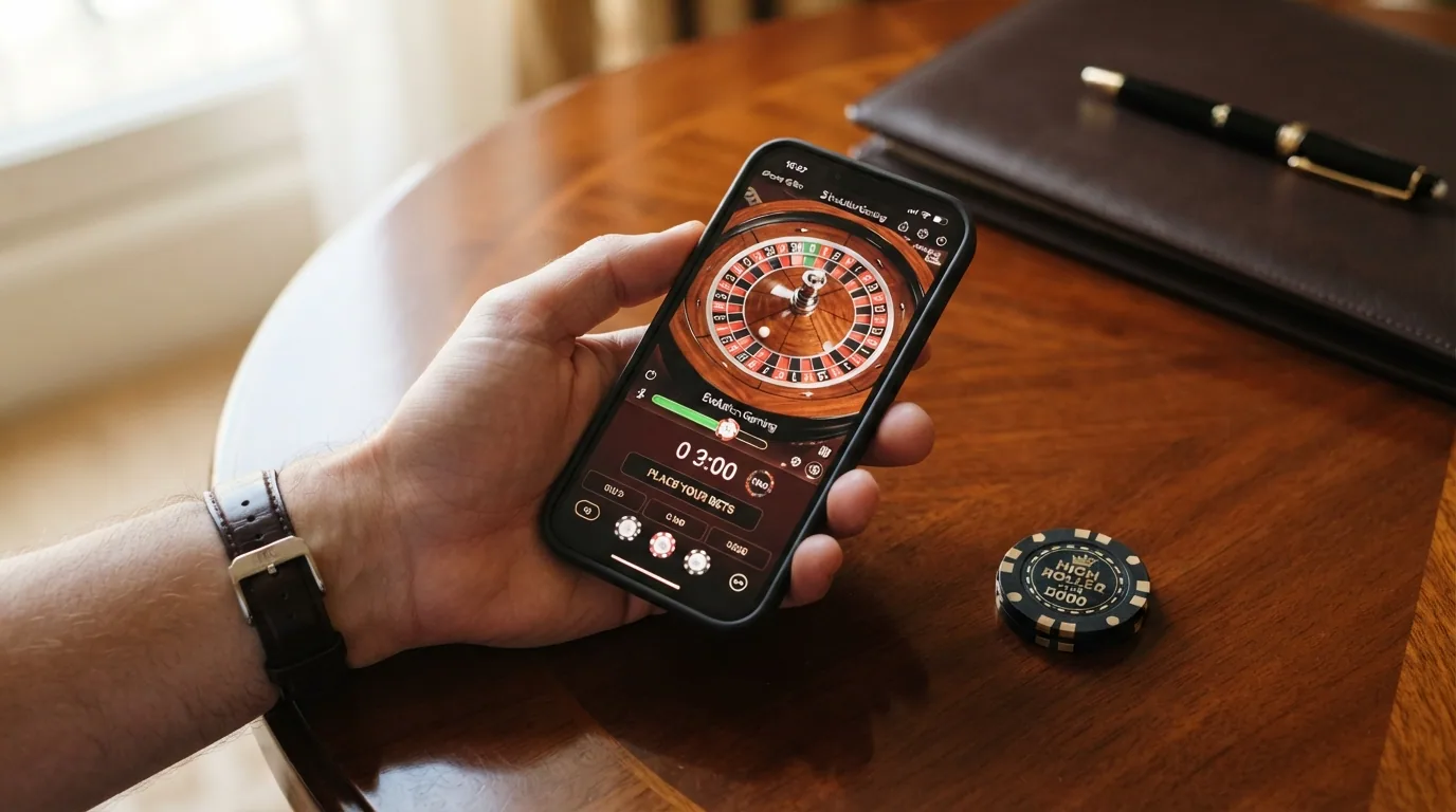 Mano apoyada en una mesa de caoba pulida sosteniendo un smartphone con una ruleta en vivo y la bola en pleno giro
