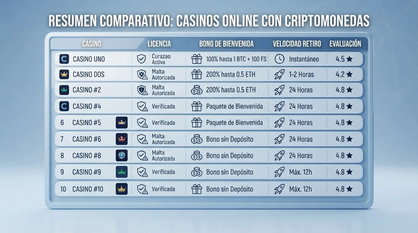 Una tabla comparativa con los logotipos de los principales casinos que aceptan Dogecoin ordenados por puntuación, junto a iconos de licencia, porcentaje de bono y tiempo de retirada