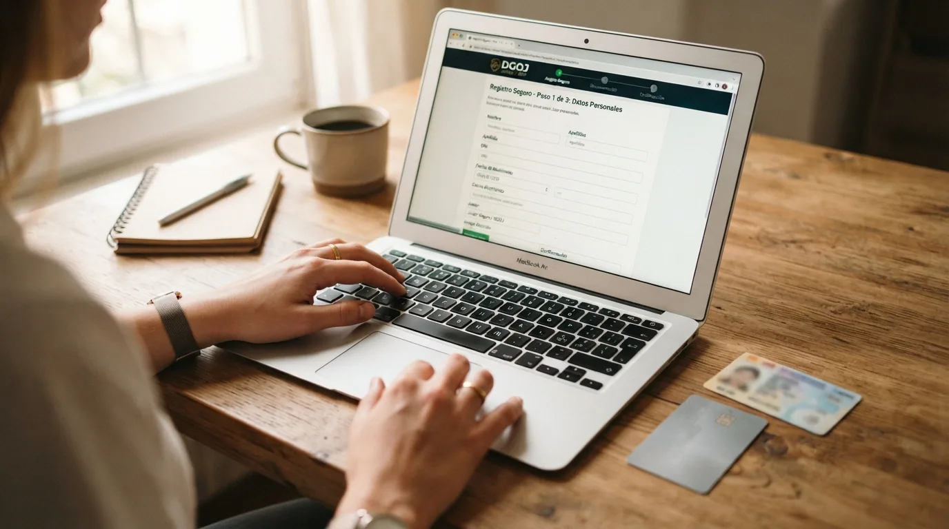 El proceso de alta en tres pasos: pantalla de formulario con datos personales, subida de documentos y confirmación por correo electrónico, con un reloj que marca menos de 10 minutos