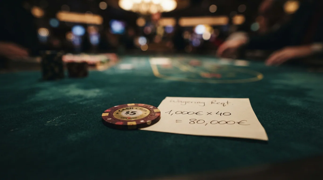 Representación visual de un requisito de apuesta: un bono de 1,000$ multiplicado por un wagering 40x que genera 80,000$ en volumen de juego exigido