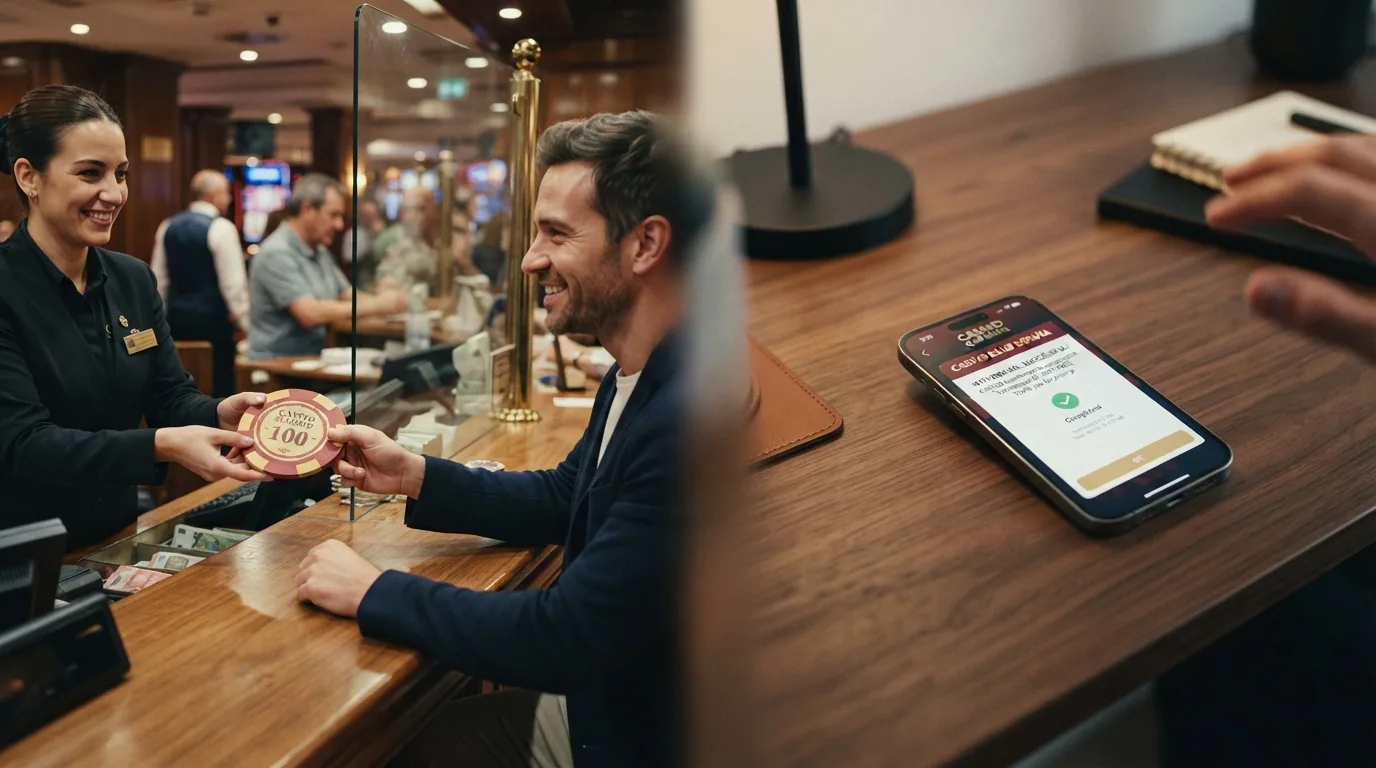 Fachada de un salón de juego físico español junto a un teléfono mostrando una app de casino con el saldo listo para retirar