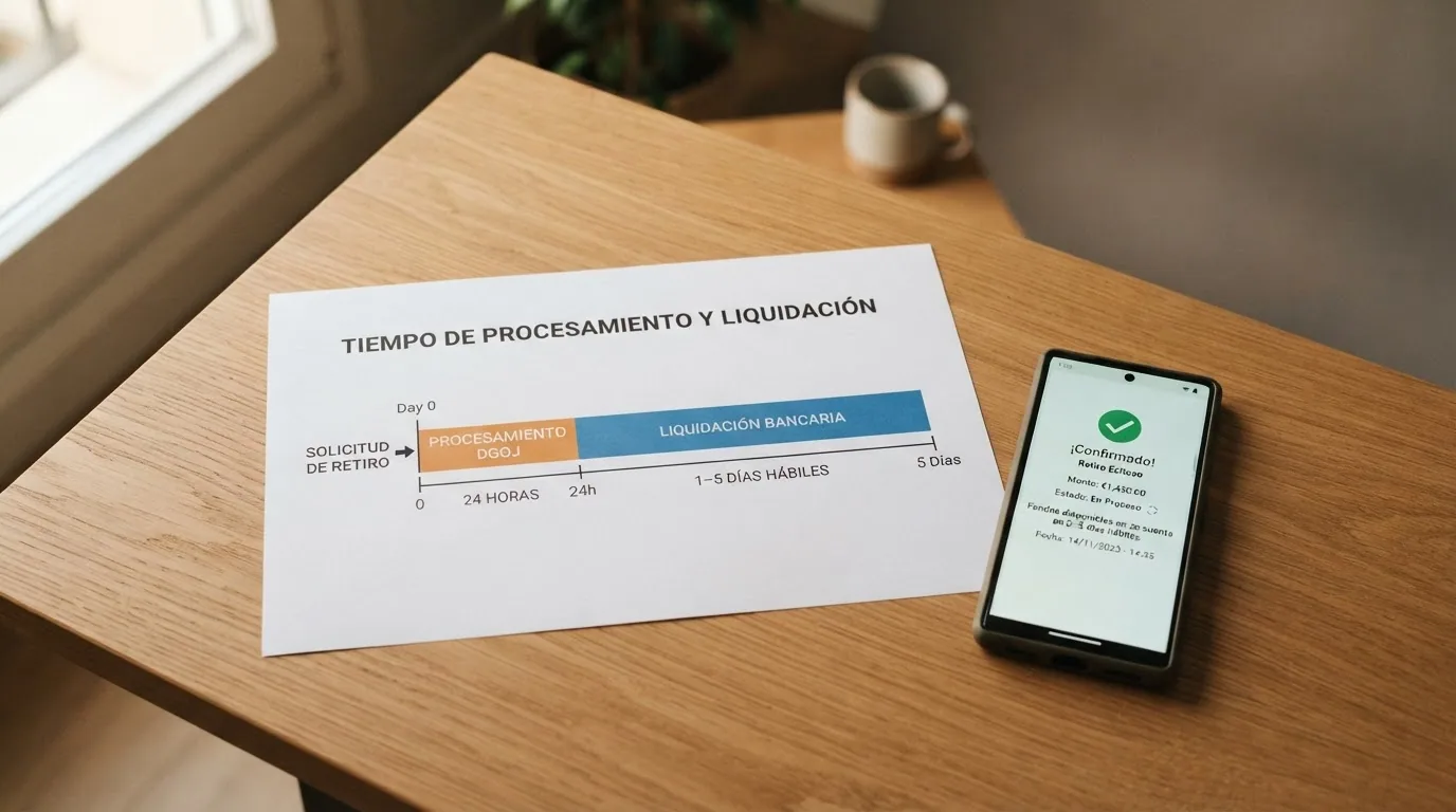 Calendario con los días marcados desde la solicitud de retirada hasta la llegada del dinero a la tarjeta, con los plazos DGOJ y bancario diferenciados en dos colores