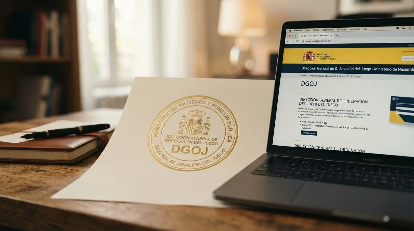 Primer plano del sello de la DGOJ junto a la barra de direcciones de un navegador mostrando un dominio .es