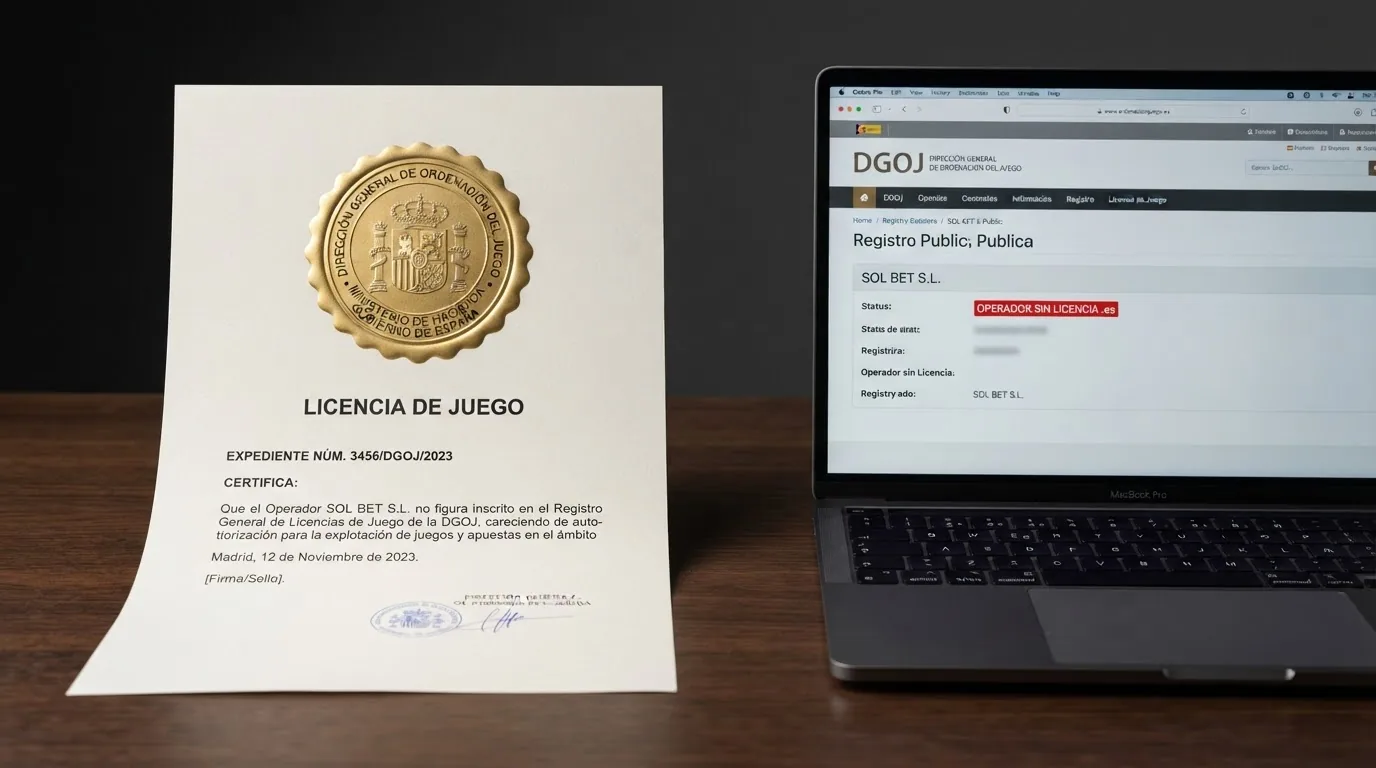 Documento oficial con el sello de la DGOJ junto a una pantalla que muestra el mensaje «operador sin licencia .es» en el registro público de ordenacionjuego.es