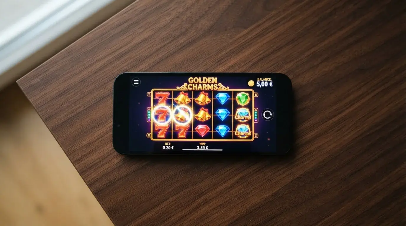 Una cuadrícula de slot con rodillos girando y el contador de saldo mostrando 5,00 € en la esquina