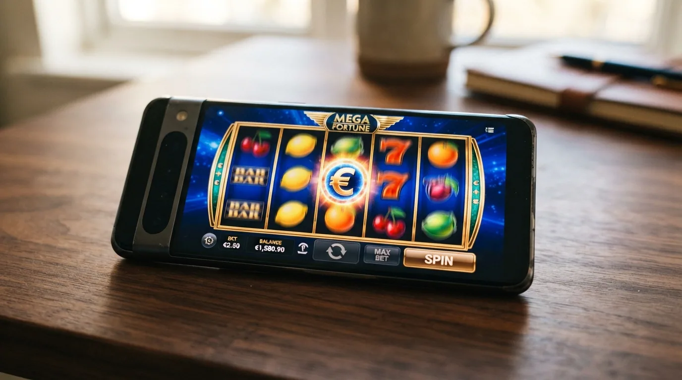 Primer plano de una tragaperras online con los rodillos girando y un saldo de 5 euros visible en la esquina superior