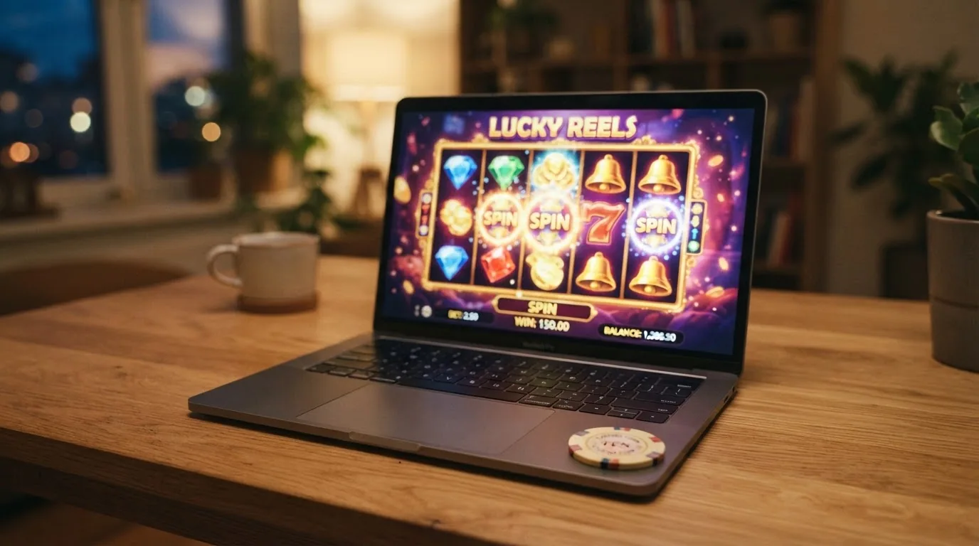 Pantalla de ordenador con varias tragaperras online abiertas en un casino español y el saldo recargado mediante Google Pay