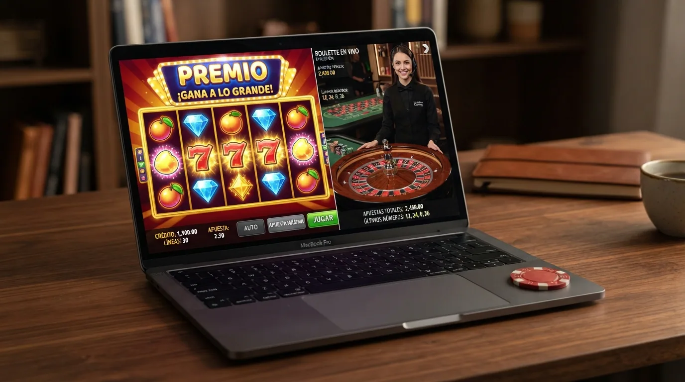 Pantalla dividida con una tragaperras de Pragmatic Play a la izquierda y una mesa de ruleta en vivo con crupier real a la derecha