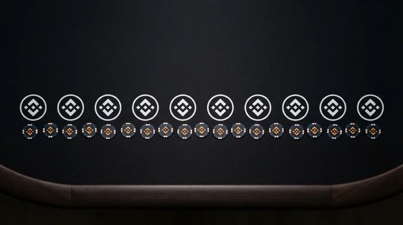 Fila de logotipos de los diez casinos revisados alineados sobre una mesa de juego con fichas que muestran el símbolo de BNB