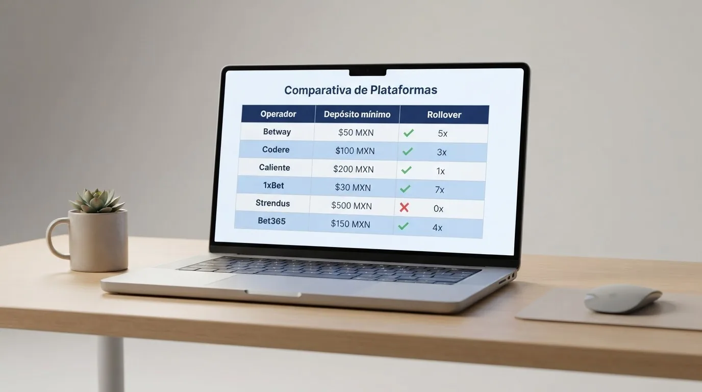 Captura parcial de una tabla comparativa con los nombres de los operadores, el depósito mínimo con PayPal y el rollover de cada bono de bienvenida