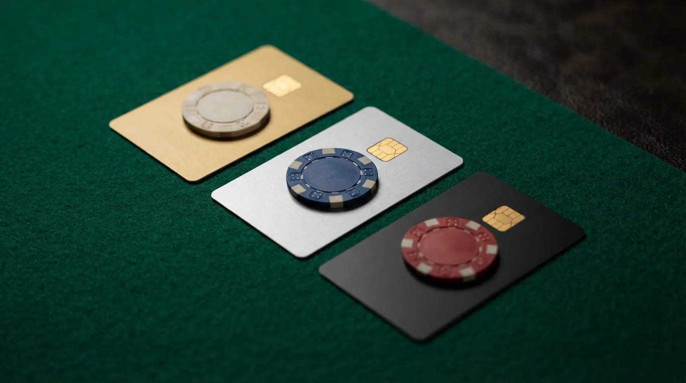 Tres tarjetas Mastercard una de crédito, una de débito y una prepago, alineadas sobre un fondo que evoca el entorno de un casino online