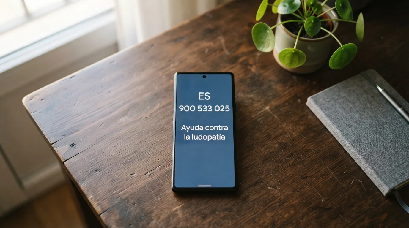 Teléfono móvil mostrando el número 900 533 025, línea gratuita de ayuda contra la ludopatía en España