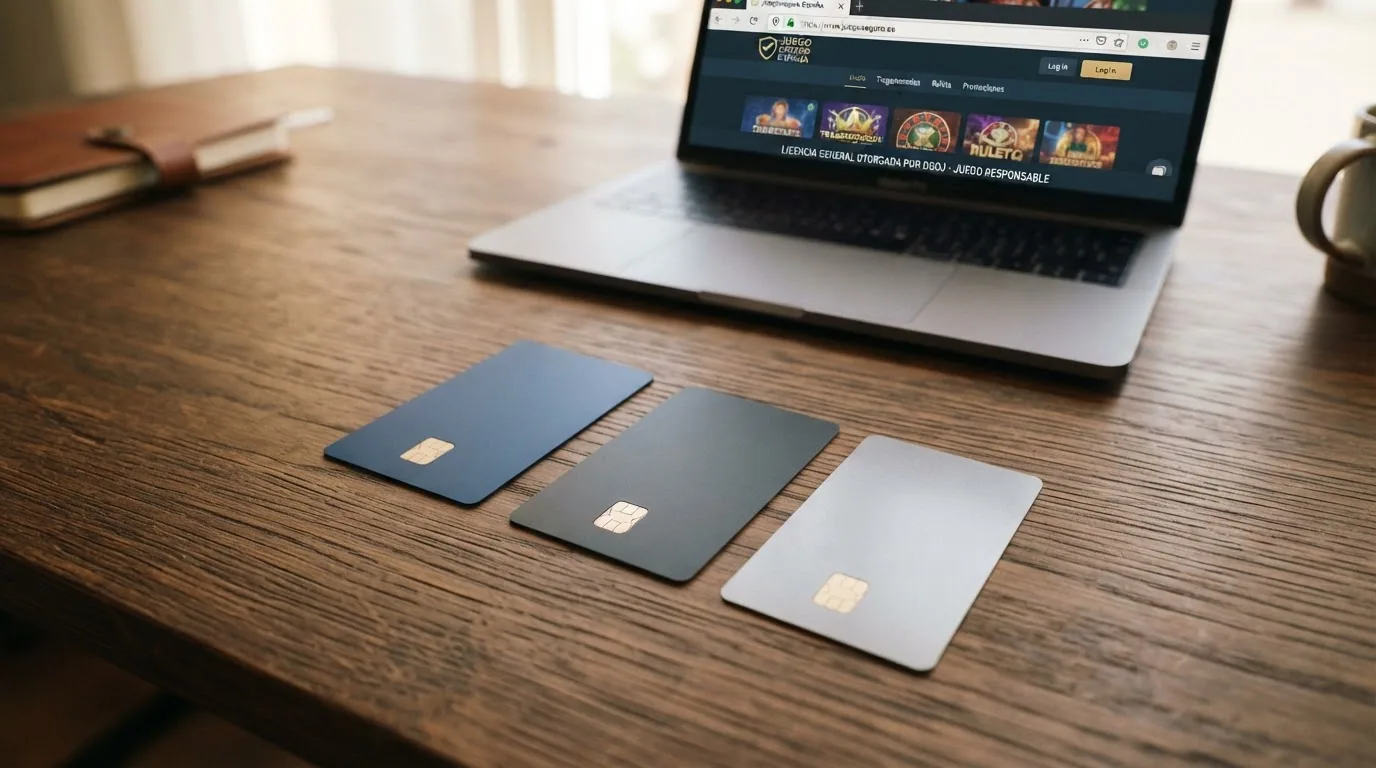 Tres tarjetas bancarias sobre una mesa — una de crédito, una de débito y una prepago — con el logo de un casino online con licencia DGOJ visible en la pantalla de un ordenador al fondo