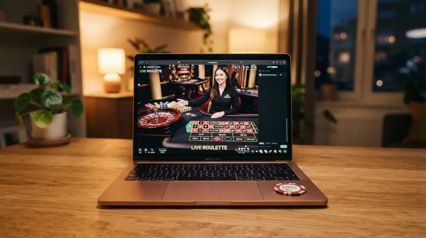 Una ruleta en vivo con crupier real en una pantalla de ordenador, con el logo de Evolution Gaming visible en la interfaz
