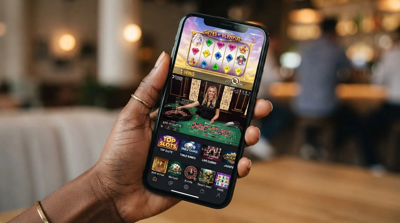 Captura en vertical de un teléfono con tres miniaturas divididas: una tragaperras de Pragmatic Play girando, una ruleta en vivo de Evolution con crupier visible, y un menú de juegos de casino