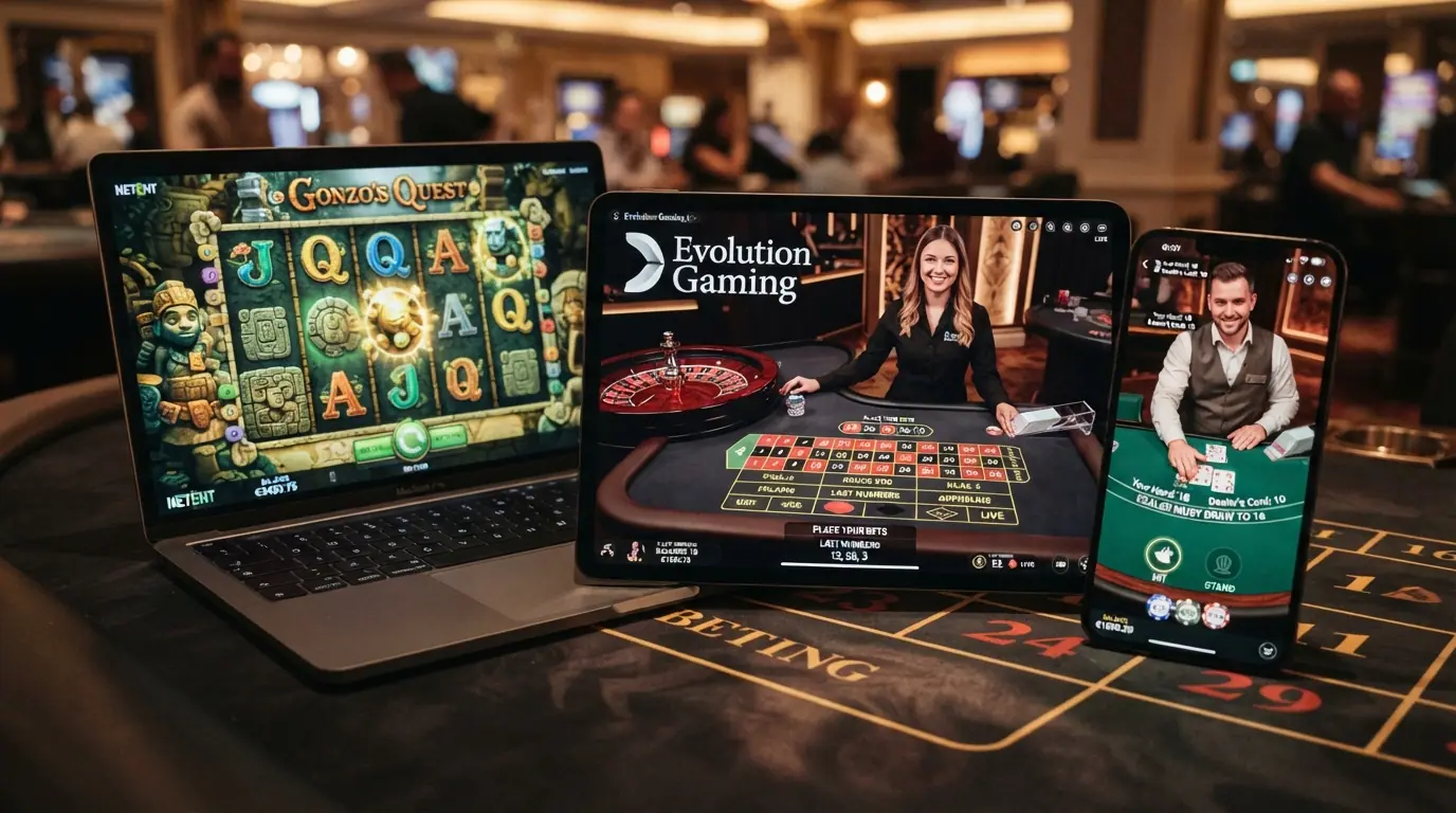 Collage con tres pantallas: una tragaperras de NetEnt, una mesa de ruleta en vivo de Evolution y un crupier de blackjack en directo