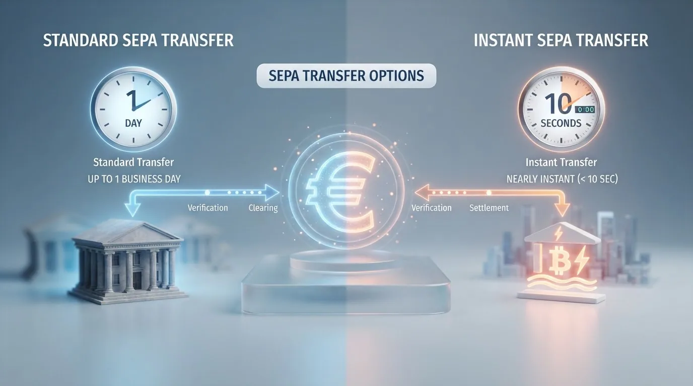 Esquema visual con los plazos de una transferencia SEPA ordinaria frente a una inmediata en el contexto de un depósito de casino online