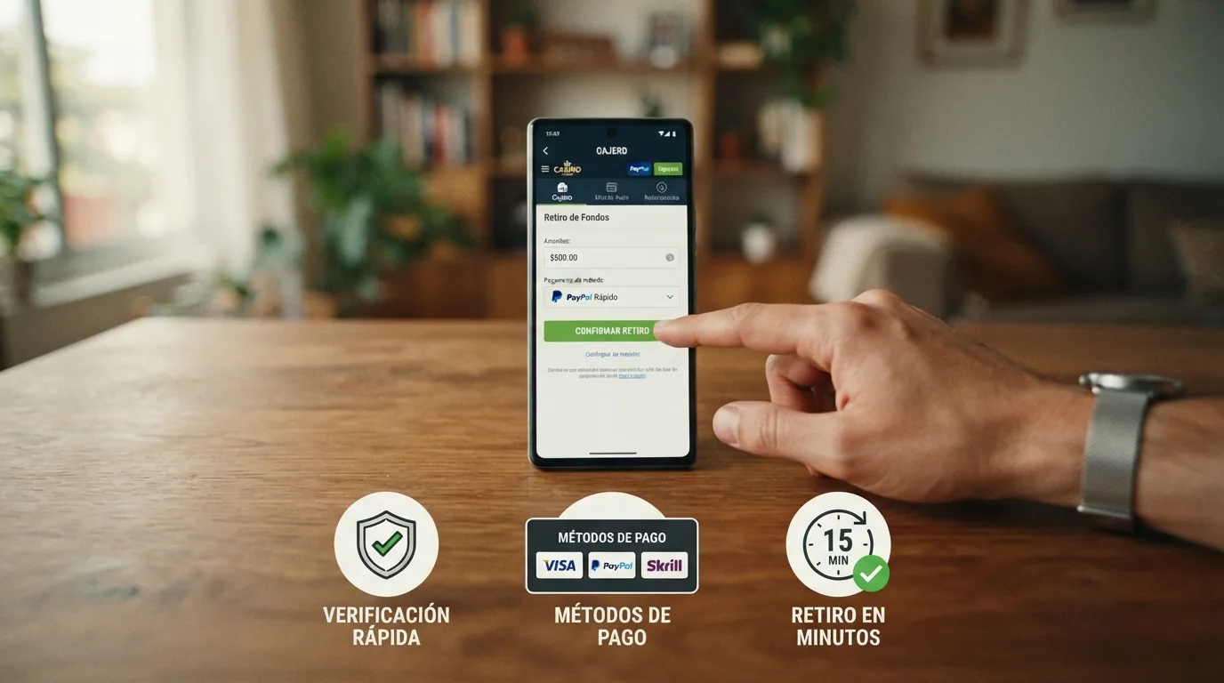 Tres iconos en secuencia: verificación de identidad, selección de método de pago y un reloj con check verde, con una mano pulsando 