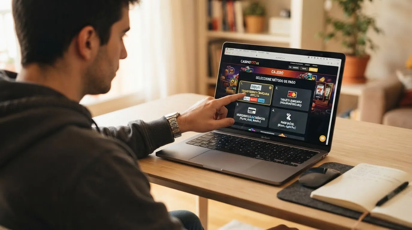 Comparativa visual de los métodos de pago en un casino español: Trustly, Bizum, PayPal y tarjeta bancaria en la misma pantalla de cajero