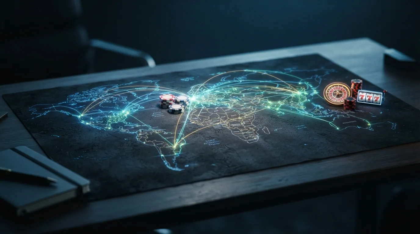 Mapa mundial con puntos de luz que representan servidores VPN conectados mediante líneas a fichas de casino y una ruleta