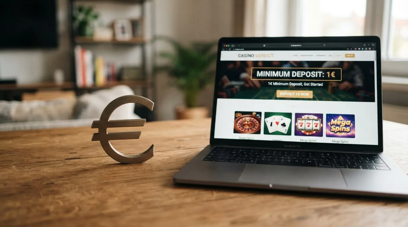 Una moneda de un euro sobre una mesa junto a la pantalla de un ordenador portátil que muestra un casino online en segundo plano