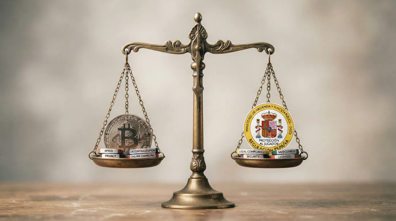 Una balanza con el símbolo de Dogecoin en un platillo y el logotipo de la DGOJ en el otro, en equilibrio inestable