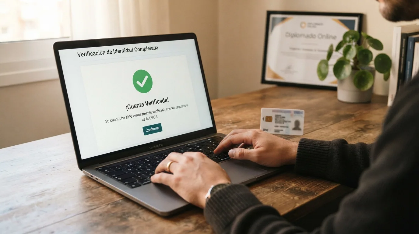 Un documento de identidad junto a una pantalla que muestra el estado «cuenta verificada» con un icono de candado verde y el logotipo de la DGOJ