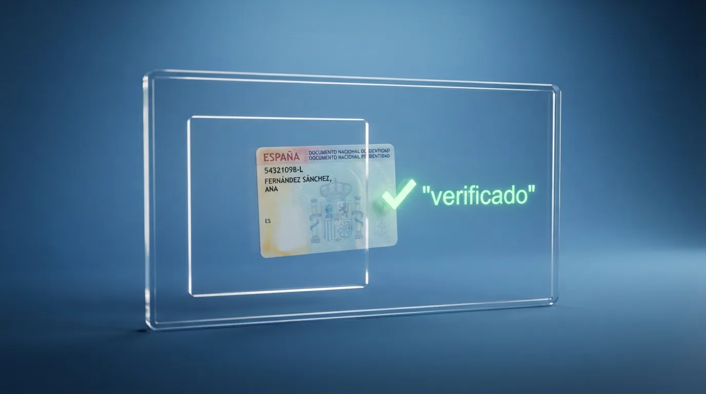 Interfaz esquemática del Sistema de Verificación de Identidad: un NIF entra en el sistema, se cruza con bases oficiales, y la respuesta es «verificado» o «denegado»