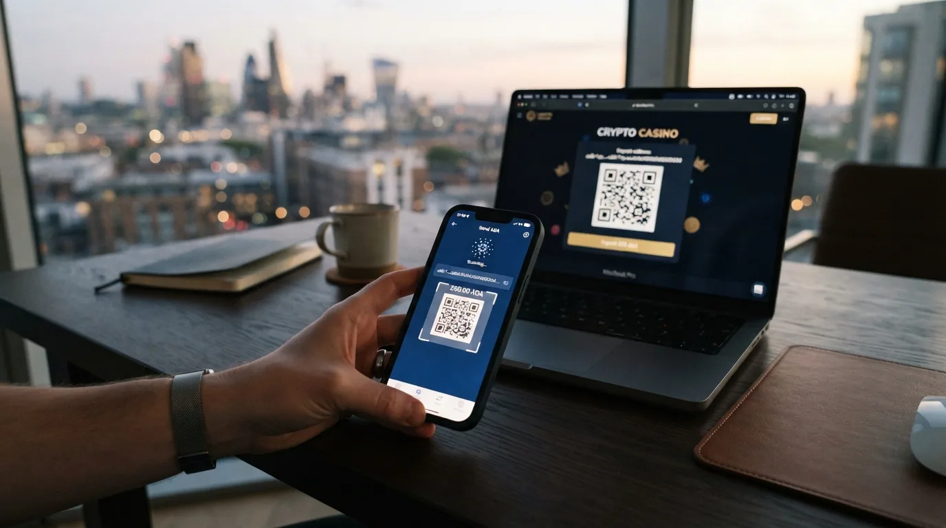 Un teléfono móvil mostrando un wallet de Cardano abierto junto al navegador con un casino online — el código QR del cajero listo para escanear