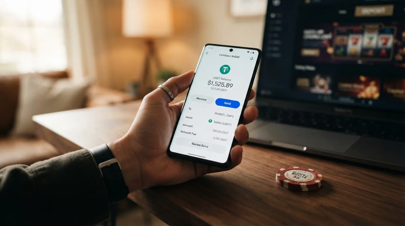 Pantalla de una wallet de criptomonedas mostrando el saldo en USDT y la opción de enviar a una dirección externa